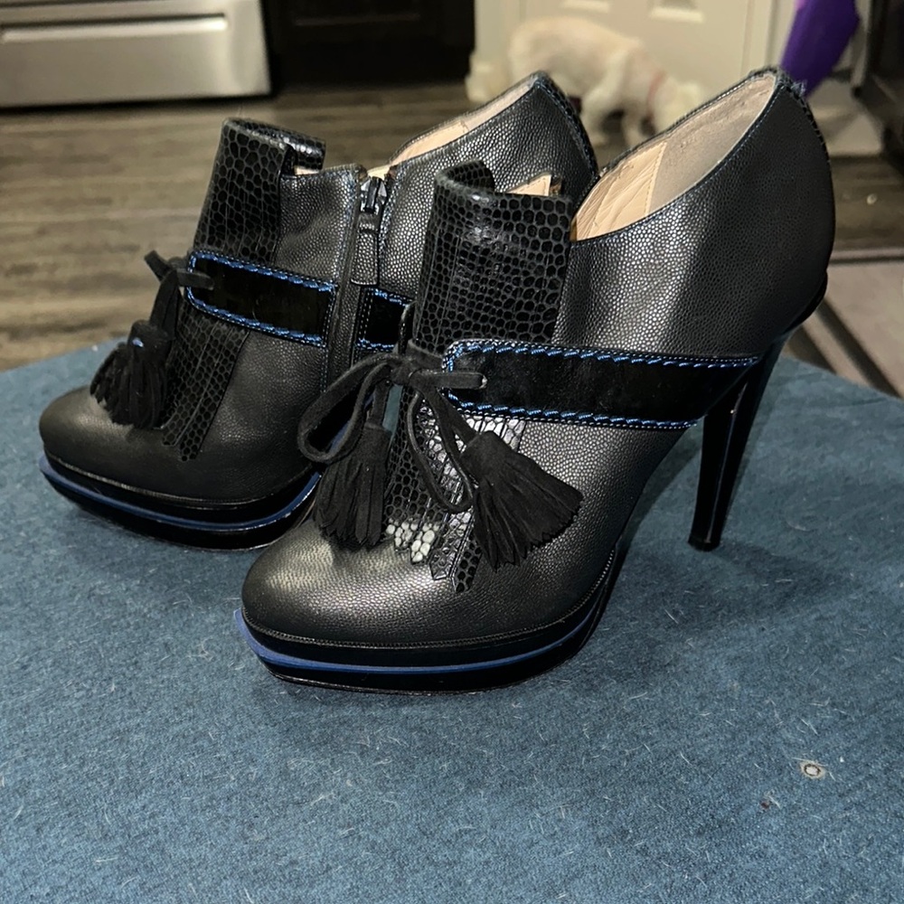 Black High Heel Ankle Boots with Tassel Detail by Cole Haan
